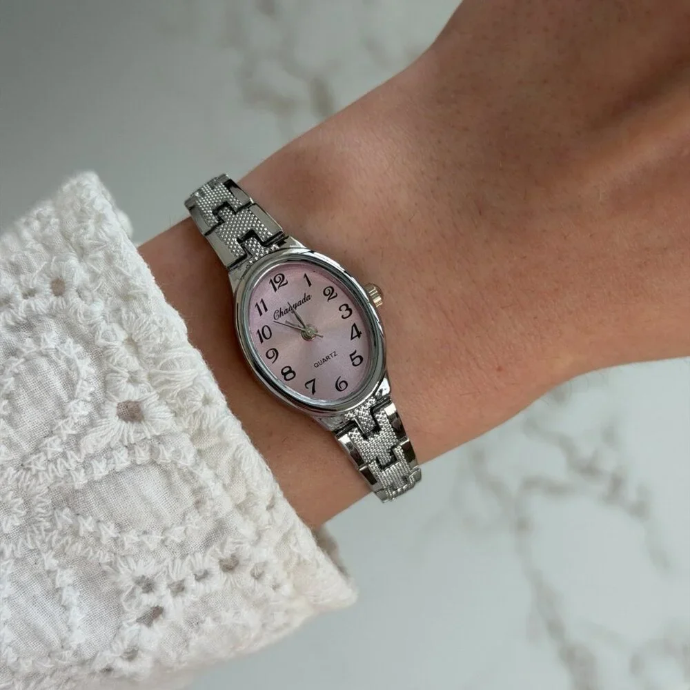 SKU0507‎ Retro Silver/Pink Women Oval Casual Watch Stainless steel + gift bag